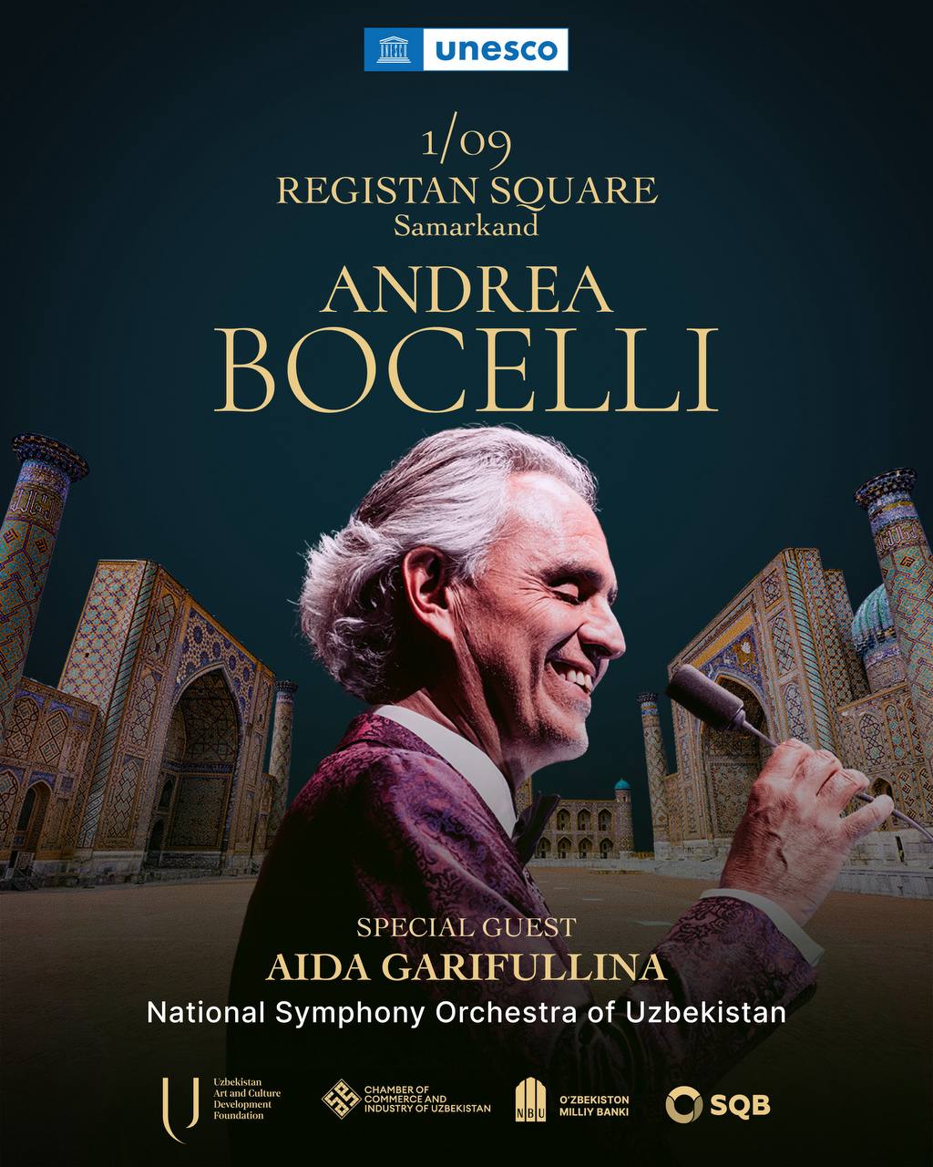 On September 1 Andrea Bocelli will Perform at Registan Square in Samarkand